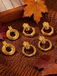 3 Pairs Fashion Irregular Round Earrings For Women Stainless Steel Geometric Earrings Wedding Party Jewelry Gifts - Gold - View 12