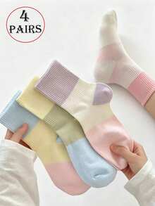 4 Pares de Meias Soquete Coreanas de Estilo Fresco com Listras Pastel, Novas Chegadas de Primavera/Verão, Meias Casuais Confortáveis de Cano Médio - Multicolorido - Visão 7