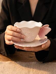 DearDali 1 Set 230ml 3D Butterfly Handle Ceramic Cup And Saucer Set, Pink Purple Embossed Texture Wavy Edge Coffee Cup, Dreamy Girl Style Tea Cup, Home Afternoon Tea, Birthday Gift, Holiday Gift, Best Choice For Friends Gift - Multicolor - View 6