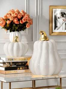 Matte Gold Stem Pumpkin Decor, Neutral White And Orange Mini Pumpkin Tabletop Decoration, Modern Country Style Design - A - View 2