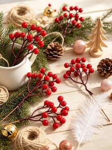 5PCS Multi‑Heads Artificial Red Holly Berry Stems, Glossy Faux Red Berry Picks, Christmas Tree Wreath Vase Arrangement DIY Stems, Winter Xmas Holiday Home Table Decor - Red - View 4