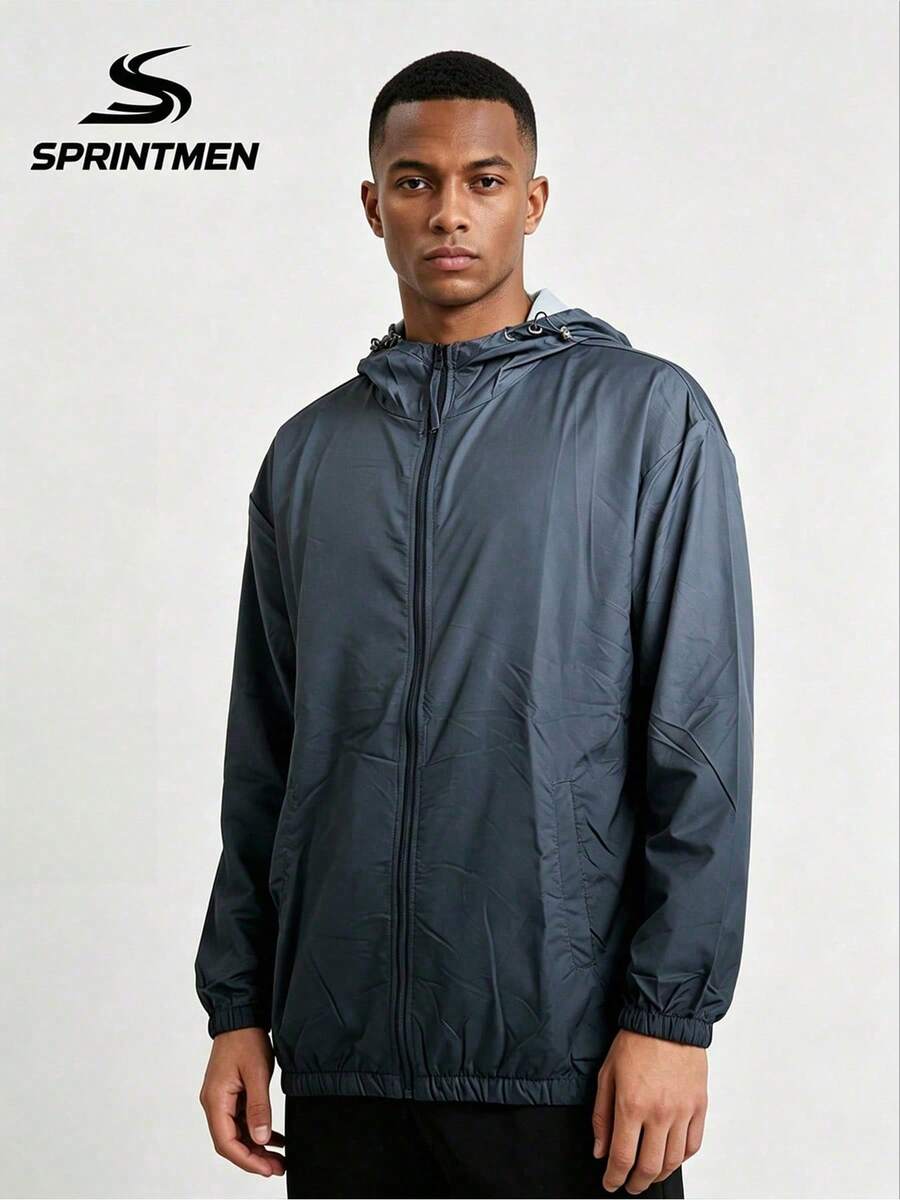 1pc Men's Navy Blue Gradient Hooded Long Sleeve Jacket, Elastic Drawstring Hood Design, Lightweight Jacket, Soft & Breathable Fabric, Minimalist Sporty Style, Machine Washable, Suitable For Spring/Summer Outdoor Activities, Sports, Running, Exercise, Fishing, Hiking - Navy Blue - View 1