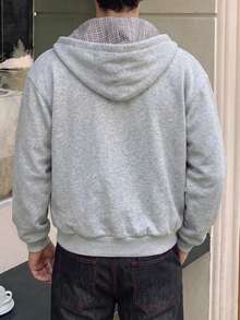 Men's Heather Grey Plaid Lined Zip Up Hoodie Sweatpants Set, Loose Casual Two Pieces Tracksuit Outfit - Grey - View 2