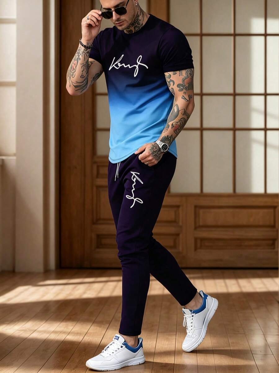 Men's King Gradient Print Lightweight Crew Neck Short Sleeve T-Shirt And Pants Set - Blue - View 1