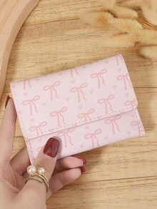 New Bow Printed Card Bag, Flip Button Coin Wallet, Lightweight And Portable Cash And Credit Card Bag, Perfect For Outdoor And Travel - Pink - View 7