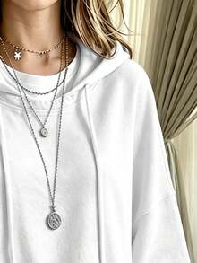 Women's Loose White Drawstring Hoodie, Dropped Shoulder Long Sleeve, Knit Fabric Regular Fit Pullover - White - View 5