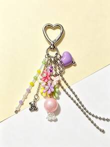 1pc Colorful Flower Beaded Girl Backpack Accessory, Tassel Heart-Shaped Bag Charm - Multicolor - View 2