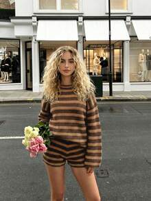 Women Fall Winter Color‑Block Striped Waffle Knit Two‑Piece Set, Long Sleeve Top & Shorts, Soft Y2K Retro Streetwear Loungewear For Vacation - Multicolor - View 8