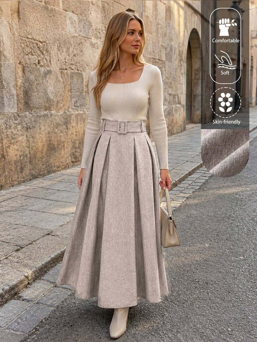 EARO Women's High Waist Slimming Gray Versatile Elegant Loose Daily Commute Casual Design Elastic Waist Adjustable Belt A-Line Skirt Spring - Beige - View 1
