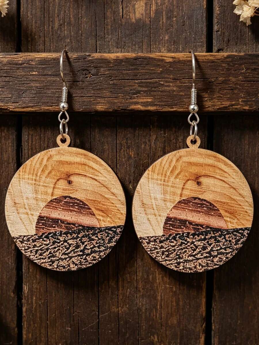 1 Pair Vintage Sunset Landscape Round Wooden Ear Hooks, Western Style Patchwork Wood Grain Distant Mountain Sunset Earrings - Multicolor - View 1
