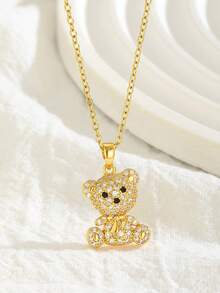 1pc Cute Rhinestone Teddy Bear Pendant Necklace Sparkly Gold Silver Tone Charm Fashion Jewelry For Girls Daily Wear Party Birthday Gift Kawaii - Multicolor - View 6