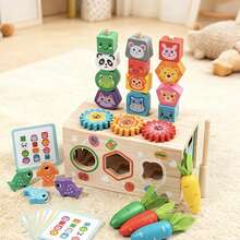 1 Set Multi-Function Wooden Puzzle Box Shape Matching Fruit Animal Stacking Toy Gear Rotation Fishing Carrot Pulling Baby Geometric Cognition Blocks Infant Toddler Fine Motor Skills Enlightenment All-In-One Early Education Wooden Toy - Multicolor - View 4