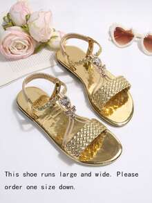 Women's Gold Braided Flat Sandals With Rhinestone Flower Fairy Style Open Toe Beach Vacation Shoes - Gold - View 2