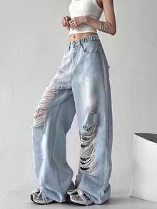Y2K Girls Loose Distressed Straight Leg Washed Denim Jeans - Blue - View 3