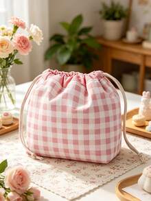 1pc Women's Cute Plaid Makeup Storage Bag, Lightweight Drawstring Cosmetic Bag, Portable Travel Toiletry Organizer For Daily Commute And Vacation - Multicolor - View 7
