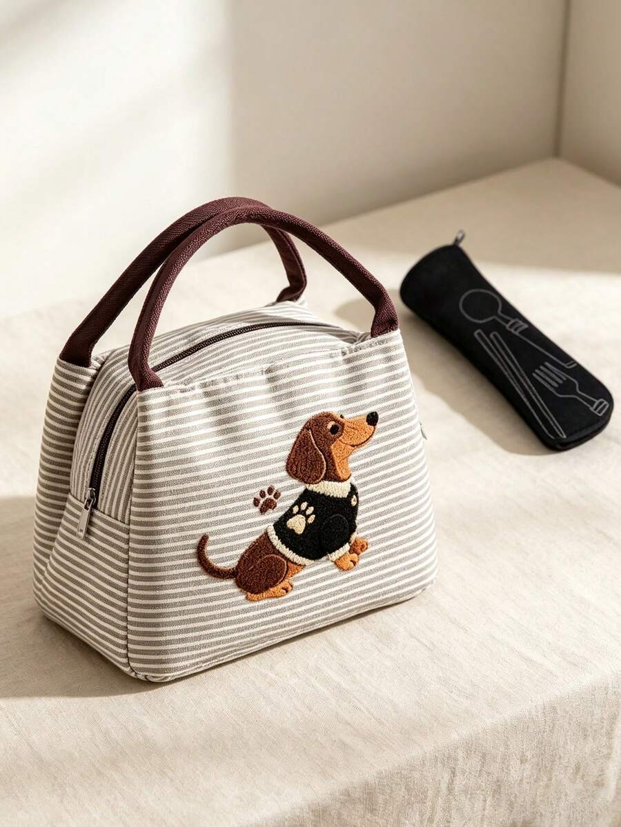 2d Sausage Dog Printed Striped Lunch Bag, Handbag, Striped Design, Multifunctional Storage Bag, Lightweight Travel Handbag, Exquisite Gift - Multicolor - View 1