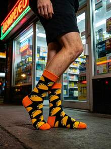 1 Pair Men's Black Bottom With Orange Taco Pattern Mid-Calf Socks, Fun Street Style, Suitable For Spring/Summer/Daily Wear/Skateboarding/Holiday Gift - Multicolor - View 3