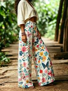 Plus Size Bohemian Floral Print Wide Leg Pants For Women, Loose Fit Butterfly Pattern Long Trousers - Multicolor - View 2