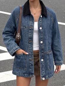 Women's Vintage Washed Denim Shacket, Corduroy Shirt Collar, Long Sleeve Regular Length, Suitable For Autumn Wear - Blue - View 4