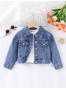 Girls' Short Denim Jacket With Double 3D Bow Back Decor, Turn-Down Collar And Single-Breasted Buttons - Medium Wash - View 2