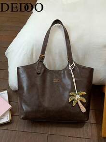 Dedoo New Fashion Women's Shoulder Bag, Letter Decor, Magnetic Snap, Adjustable Dual Handles, PU Material, Coconut Tree Pendant, Solid Color Design, - Coffee - View 2