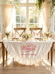 Customized Newlywed Satin Table Runner, Personalized Family Name & Date Scalloped Edge Tablecloth, Custom Wedding Sweet Table Decor, Reception Bride Shower Table Decoration Gift - Multicolor - View 5
