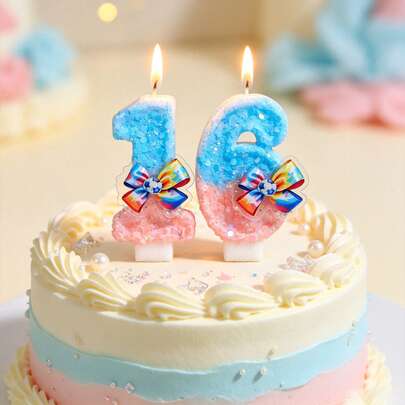 1pc Handmade Blue Pink Glitter Number Birthday Candle With Colorful Bow Decor, 0‑9 Numeral Cake Topper, Cute Party Cake Decoration For Kids Birthday Baby Shower Colorful Themed Party Dessert Table Birthday Celebration Supplies