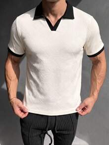 ZYNTH BALENO Kaos Pria Musim Panas Motif Jacquard Patchwork Slim Fit Bahu Persegi Leher Bulat Lengan Pendek, Penting untuk Olahraga Musim Panas - Aprikot - View 5