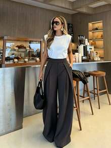Women's Elegant Minimalist Solid Color Wide Leg Long Pants, Suitable For Daily Commute, Workplace And Business Wear - Grey - View 3