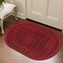 1pc Oval Flannel Door Mat, Red Geometric Pattern, Soft Comfortable Absorbent Non-Slip Machine Washable With Anti-Slip Backing, Suitable For Doorway, Living Room, Bedroom, Kitchen, Bathroom, Patio, Entryway, Laundry Room, Multi-Functional Home Floor Mat Holiday Decor Carpet - Multicolor - View 6