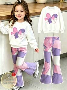 Baby Girls Cartoon Heart Print Crew Neck Sweatshirt And Flare Pants - White - View 1