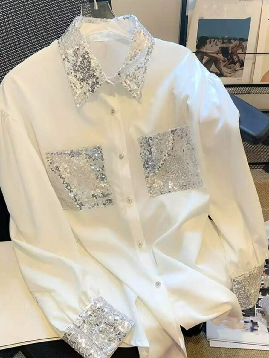 Women's Autumn Fashion White Sequin Patch Pocket Long Sleeve Button-Up Shirt Collar Polyester Blouse, Dropped Shoulder Design, Showcasing Fashionable Style - White - View 1