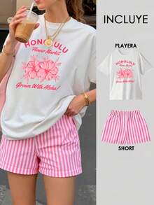 Women T-Shirts - White T-shirt With Pink and White Striped Shorts - View 1
