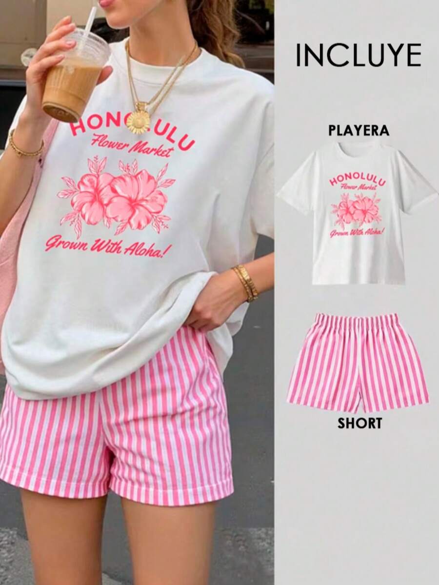 Women T-Shirts - White T-shirt With Pink and White Striped Shorts - View 1