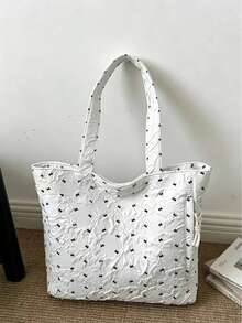 Bolso Tote de Tela de Gran Capacidad para Mujer, Bolso de Hombro con Forma de Barril de Algodón Grueso Estampado, Adecuado para Compras, Viajes, Campus y Reuniones - Blanco - Ver 2