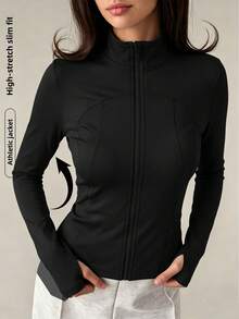New Women's Solid Color Front Zipper Sports Jacket, Long Sleeve Minimalist Casual Lightweight Cardigan Jacket - Black - View 1