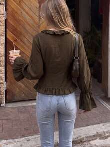 2026 New Autumn Elegant Women's Solid Color Ruffle V-Neck Tie Design Ruched Waist Flare Sleeve Lightweight Casual Blouse For Daily Wear, Outings, Parties And Vacation - Olive Green - View 4