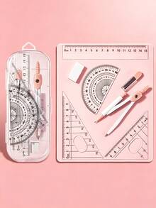 Transparent Case / 7-Piece Compass Set - Includes A Protractor And Straight Ruler For Precise Geometric Drafting, As Well As Set Squares And A Complete Stationery Kit.Multifunctional Exam And Study Stationery Bag. Back To School. - A - View 2
