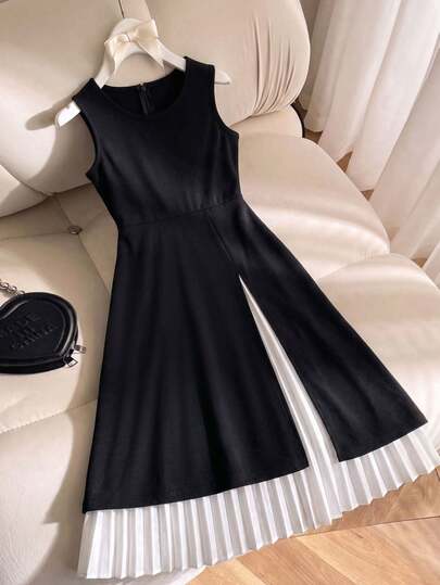 Girls' Urban Elegant Black & White Colorblock Sleeveless Pleated Dress, School Style Back To School Campus Outfit, Versatile Mid-Length Dress For Spring/Summer Wear Alone And Autumn/Winter Layering