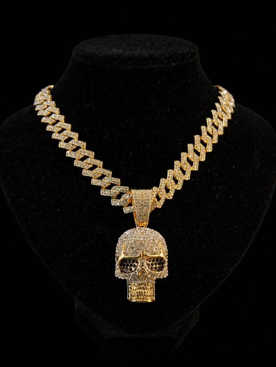 Hip-Hop Style Full Rhinestone Skull Pendant Cuban Chain Necklace, Dark Personalized Streetwear Accessory, Suitable For Rap Performance, Halloween Party, Cool Unisex Niche Gift Jewelry - Skull Pendant Necklace - View 1