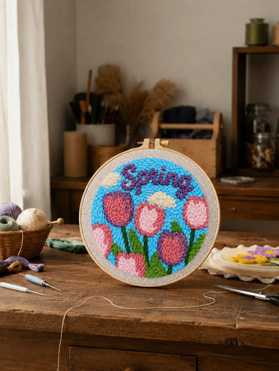 Personalized Floral Embroidery Hoop, DIY Punch Needle Embroidery Kit, Customized Text Yarn Art, Handmade Craft Decoration, Colorful Floral Wall Decor, Unique Birthday Gift, Home Room Decoration, Create Your Own Handmade Artwork - Multicolor - View 1