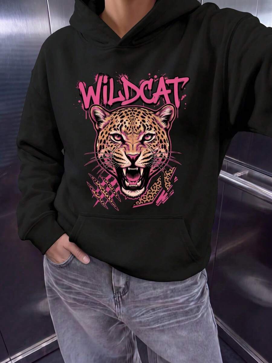 Women's Casual Leopard Print Pocket Loose Long Sleeve Sweatshirt Fall - Black - View 1