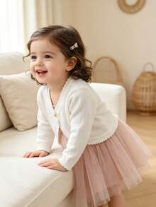 1pc Baby Girl Single Button Knit Cardigan, Lace Trim Short Bolero, Spring/Autumn Lightweight Outerwear, Versatile To Match Princess Dress, Sweet Fashionable Style - White - View 2
