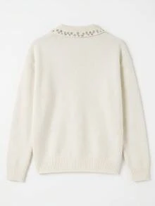 Plus Size Rhinestone V-Neck Knit Sweater, Long Sleeve Loose Elegant Pullover Top, Autumn/Winter Office Commute Blouse - Beige - View 6