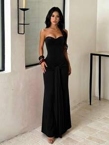 Autumn Solid Color Velvet Bandeau Dress With Ribbon Tie, Elegant Dress For Party And Date - Black - View 4