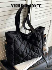 休閒大容量羽絨外套包，時尚單肩包，便攜斜挎手提包，適合通勤、上學、運動、旅行、徒步、戶外活動，大學生與高中生書包，時尚拉鍊托特包，女款手提包，大學必備 - 黑色 - 查看 1