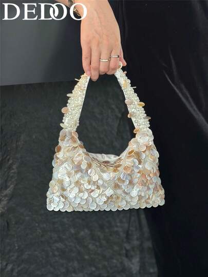 Dedoo Women Hobo Evening Handbag,Shell Pearl Embellished,Satin Base,Beaded Top Handle,Luxury Bohemian Small Purse For Wedding,Party Formal Banquet Occasions