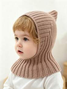 1pc Baby Solid Color Plain Soft Knitted Warm Balaclava Hat, Minimalist Pointed Hood With Neck Protection, Suitable For Autumn/Winter Daily Wear - Multicolor - View 2