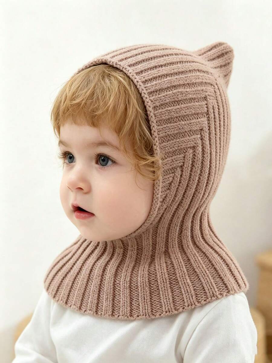 1pc Baby Solid Color Plain Soft Knitted Warm Balaclava Hat, Minimalist Pointed Hood With Neck Protection, Suitable For Autumn/Winter Daily Wear