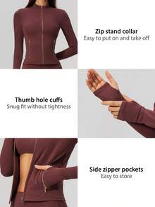 TimeOff Women's 1pc Solid Color Stand Collar Zip-Up Jacket With Side Pockets And Thumb Holes, Autumn/Winter - Red - View 4